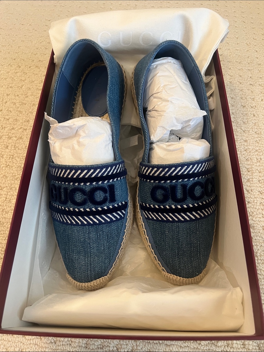 NWT! Gucci Denim Espadrilles with Navy Logo Band! Never worn! Brand new!